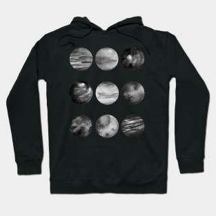 Black and white watercolor planets in starry night Hoodie
